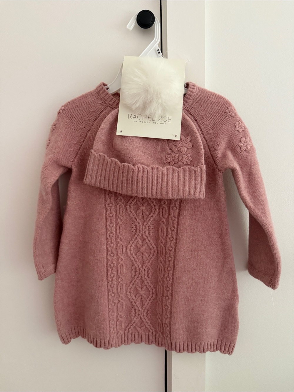 Rachel Zoe Dusty Rose Girls' Knit Sweater Dress with Pom Beanie
